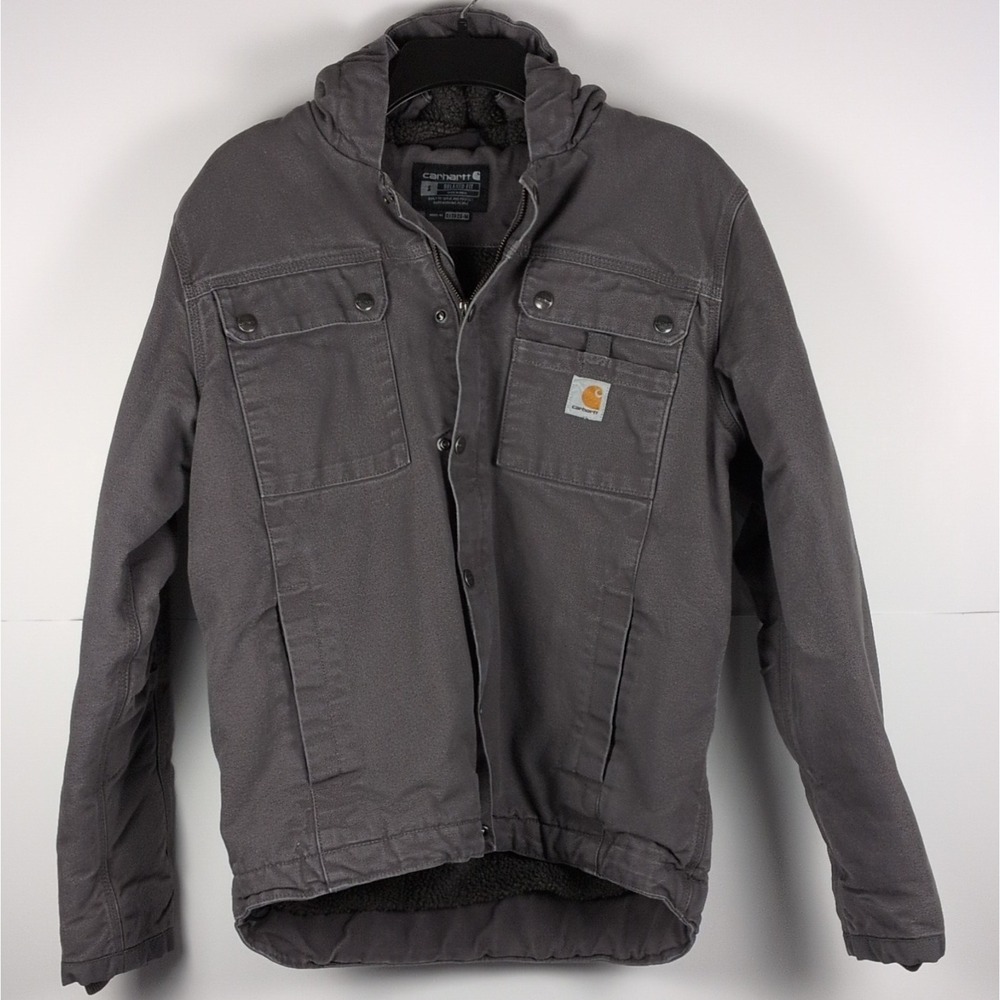 Carhartt Men's Gray Hooded Relaxed Fit Sherpa Lined Jacket Full Zip Snap Size S